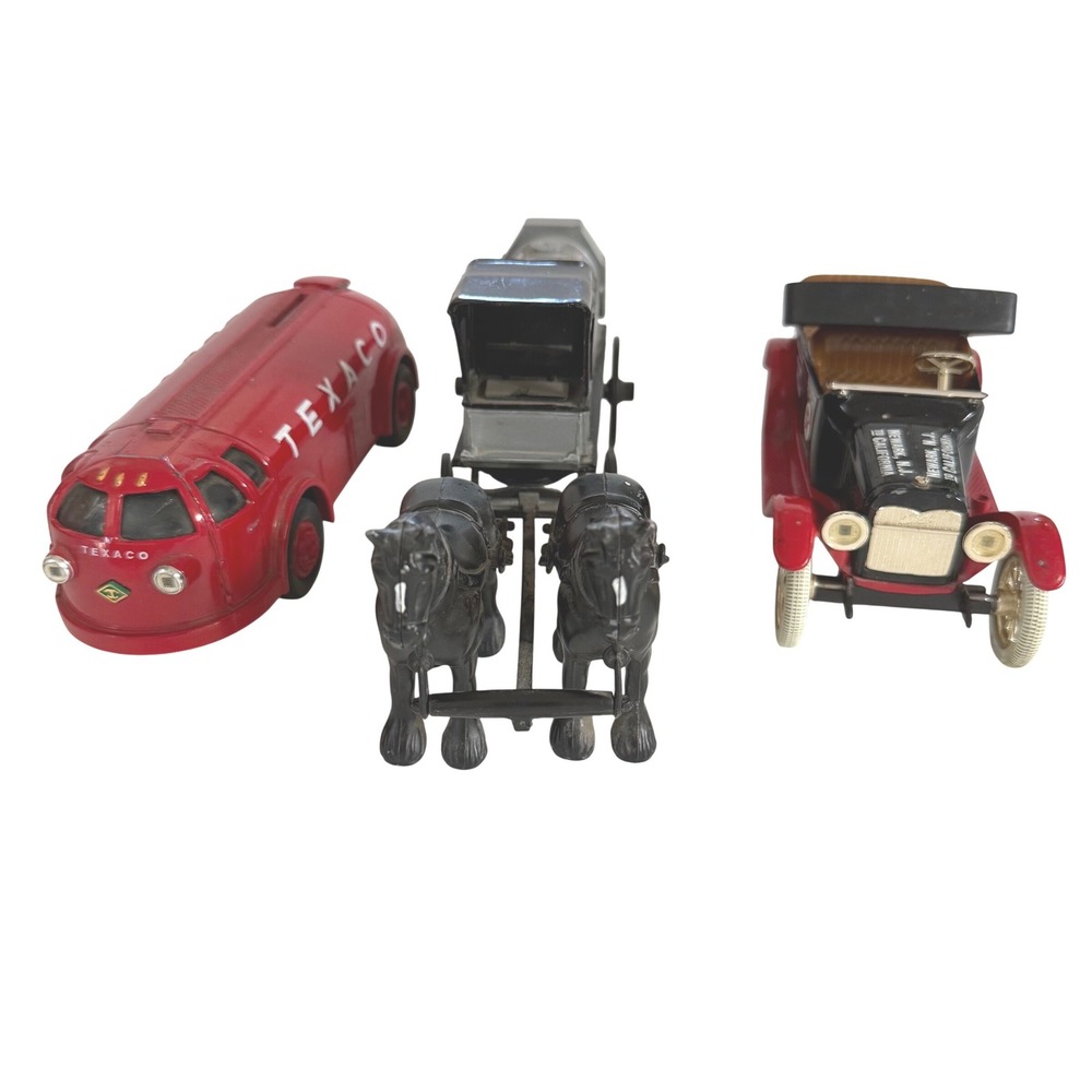 Vintage Texaco Piggy Bank Lot 3 Diecast Toy‎ Car Horse Wagon Bank w/ Key